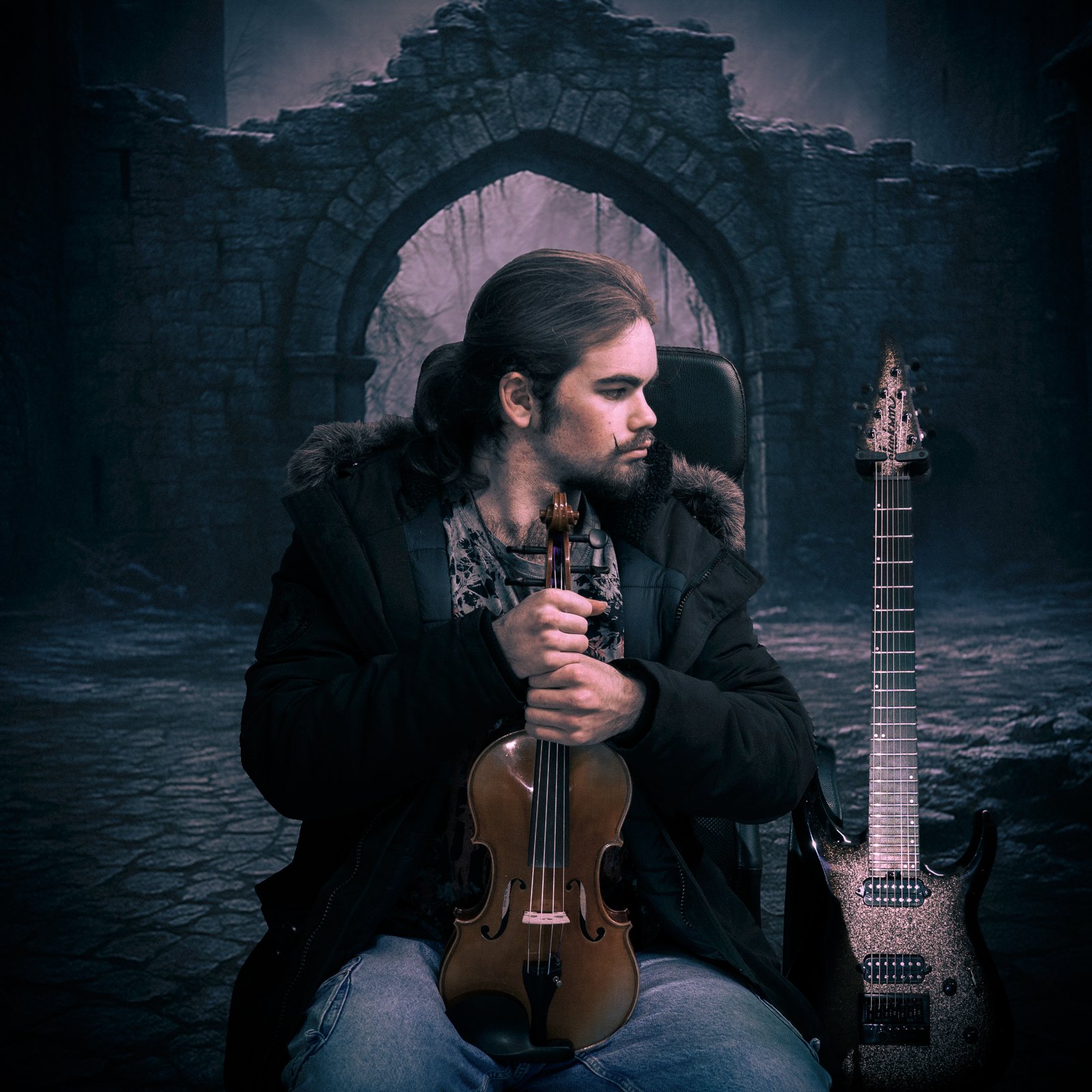 Simon Peters with his instruments under a gothic stone archway